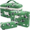 Quilted cotton green makeup bag 3-piece set with cute puppy patterns and zipper - Small / Grass Green Puppy and Clouds