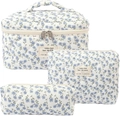 Three-piece floral quilted cotton makeup bag set with blue flower patterns - Small / White with Blue Flowers