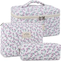 Three-piece floral quilted cosmetic bag set with purple flowers and cream labels - Small / Purple Small Floral