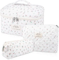 Quilted cherry print makeup bag set featuring three floral travel storage pouches - Small / Red Cherry