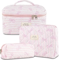 Quilted cotton cosmetic bag 3-piece set with pink stripes and bowknot patterns - Small / Pink White Striped Bow