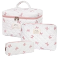 Three-piece quilted cotton cosmetic bag set with cute pink bow pattern print - Small / Red & Pink Bow