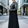 Elegant black long sleeve maxi dress with silver floral embroidery for Muslim fashion - S / Black