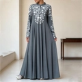 Ethnic style dark grey maxi dress with white floral embroidery and standing collar - S / Gray