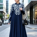 Ethnic style long sleeve deep blue embroidered maxi dress with floral patterns and stand collar - S / Blue