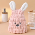 Pink coral fleece hair drying towel with cute white rabbit ears and 3D stripe texture - Kids' Hair Drying Cap [pink] / Individually Packaged In Bags