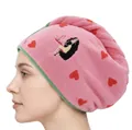 Pink coral fleece dry hair cap with red heart pattern and cute bunny ears for girls - Pink Cartoon Hair Drying Cap / Individually Packaged In Bags