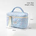 Gesteppte blaue Kosmetiktasche mit Karomuster, Schleife und großem Stauraum - Blauer gesteppter Stil mit Schleife und Band