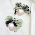Close-up of green chiffon bow earrings with leopard print and pink heart charms - Silver Earring Post - Leopard Bow Heart Style / Green Leopard Bow With Pink Heart