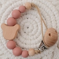Silicone and wood pacifier clip with bear charm in dusty rose and natural tones - Rainbow Mix(76#)