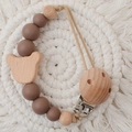 Baby pacifier clip with natural wooden bear, brown silicone beads and metal clip - No.114