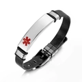 Detail of medical alert ID bracelet with black mesh band and silver Star of Life tag - Silver & Red Plate + Black Chain