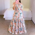 Off-shoulder floral maxi dress in orange-pink floral print with tiered cake skirt - Orange