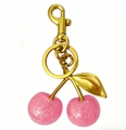 Pink glitter cherry keychain with gold metal leaves and a pearl chain extension - Rose Red With Gold