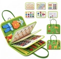 Green felt Montessori busy board for toddlers featuring animal illustrations and zippers - Green Animal World; 28*23*3