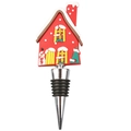 Christmas snowy red house wine bottle stopper with stainless steel base and rubber seal - Christmas Snow House