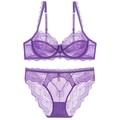 Elegant purple lace lingerie set with wired bra and sheer scalloped lace panties - 70B / Purple