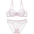 French style sheer pink lace lingerie set with underwire bra and matching panties - 70B / Pink