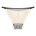 Sultry beige floral lace panties with black elastic straps and transparent mesh texture - Beige