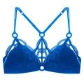 Detail of royal blue lace bralette featuring geometric embroidery and metal ring accents - S / Blue