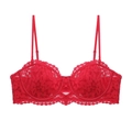 Dettaglio del ricamo in pizzo floreale rosso sul reggiseno a balconcino con bordi ondulati - S / Reggiseno Singolo / Rosso