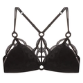 Sexy schwarzes Spitzen-Bralette mit geometrischem Netz-Stickerei und Mehrfachgurten - S / Schwarz