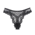 Sexy black lace thong for women featuring sheer dot mesh and floral embroidery details - Black