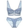 Set lingerie in pizzo grigio blu con coppe sfoderate e dettagli decorativi a listini - Blu / 85C