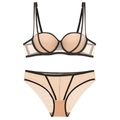 Beige push-up lingerie set with black contrast trim and sheer mesh detailing - 85B / Black