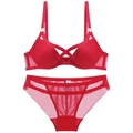 Red lace mesh lingerie set with front-closure bra and strappy cross-band panties - 75B / Red