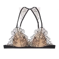 Lace bralette with black floral embroidery on nude mesh and triangle cups - S / Black