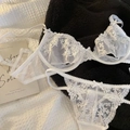 French style white lace lingerie set with floral embroidery and underwire support - White