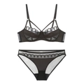 Details des schwarzen Dessous-Sets aus transparentem Netz mit Wellenstickerei und Bügel - 80BC / Schwarz
