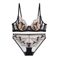 French mesh bra set with black lace floral embroidery and matching high-waisted panties - 70A / Black
