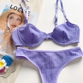 Detailed flat lay of purple ultra-thin lace lingerie set with bra and thong in soft fabric - S / Top And Bottom / Purple