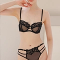 Ensemble de lingerie sexy en dentelle noire avec broderie florale et bretelles réglables - Noir