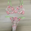 Pink and mint green lace lingerie set with floral embroidery and thin straps - M / Pink Embroidered