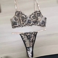 French lace embroidery lingerie set with transparent mesh bra and thong in beige - M / Black Embroidery