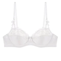 Elegant white lace bra with 3/4 cups, silk-like satin finish, and delicate bow accents - 70B / Tops / White