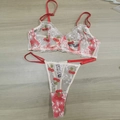 Lace lingerie set with red cherry embroidery and white sheer fabric underwire bra - M / Red Cherry