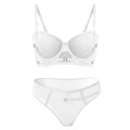 White mesh lingerie set with push-up bra and panties featuring gold metal buckles - 75B / White