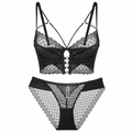 Französisches schwarzes Spitzen-Dessous-Set mit Metallringen und Mehrfachriemen - 75B / Schwarz