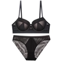 Black seamless push-up lingerie set featuring mesh panels and gold metal buckle - 75B / Black