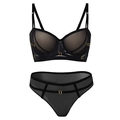 Black mesh lingerie set with sheer webbing and gold metal buckles for a modern sexy look - 75B / Black