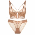 French lace lingerie set in caramel brown with metallic rings and cross straps - Pink