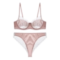 Pink and white lace lingerie set with underwire bra and high-cut panty on white background - M / Pink