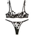 Set reggiseno in pizzo nero ricamato stile francese con perizoma in rete e fiori - 75B / Set (Reggiseno e Mutandine) / Set con Zirconia Nera