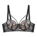 Elegant black lace bra with ink-wash embroidery and pink lining in a rabbit-ear style - 70B / Black