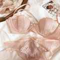 Elegant French style lace lingerie set in nude pink with delicate floral embroidery details - 70B / Pink