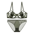 Dark green mesh and satin lingerie set with geometric hollow-out strappy details - 70B / Green